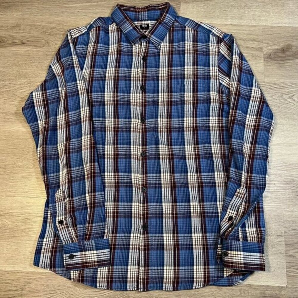 Uniqlo‎ Mens Long Sleeve Button Up Shirt Size Large Blue Burgundy Plaid